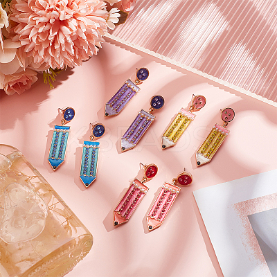 4 Pairs 4 Colors Alloy Enamel Pencil Dangle Stud Earrings for Teachers' Day EJEW-AN0004-86-1