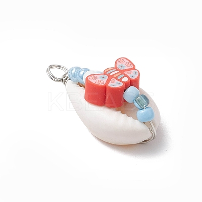 Natural Cowrie Shell & Handmade Polymer Clay Copper Wire Wrapped Pendants PALLOY-JF03818-02-1