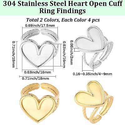 8Pcs 2 Colors 304 Stainless Steel Open Cuff Ring Findings STAS-BBC0010-11C-1