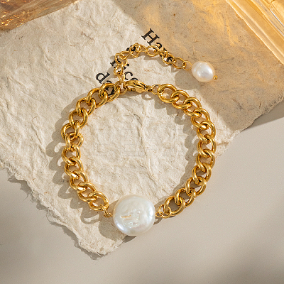 Elegant Flat Round Elegant Baroque Pearl Bead Link Bracelets SX2805-2-1