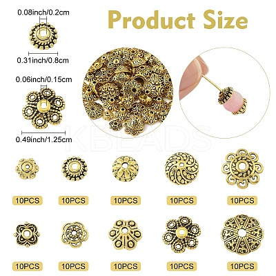 100Pcs 10 Styles Tibetan Style Alloy Flower Bead Caps TIBE-YW0001-84-1