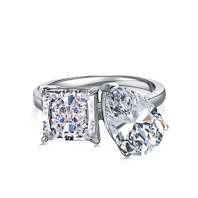 Square & Teardrop Rhodium Plated 925 Sterling Silver Micro Pave Cubic Zirconia Finger Rings for Women RJEW-F168-01P-1