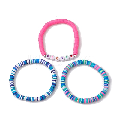 3Pcs 3 Colors Polymer Clay Disc Beaded Stretch Bracelet Sets BJEW-JB10441-02-1