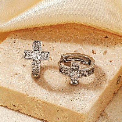 Elegant Cross Brass Pave Clear Cubic Zirconia Hoop Earrings HU5672-1-1
