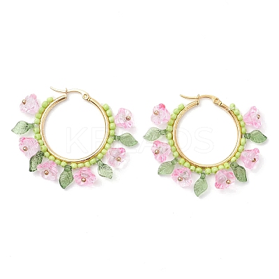 Glass Flower Hoop Earrings EJEW-TA00589-03-1