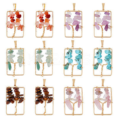 12Pcs 6 Styles Natural Mixed Gemstone Chip Copper Wire Wrapped Tree of Life Pendants PALLOY-FH00046-1
