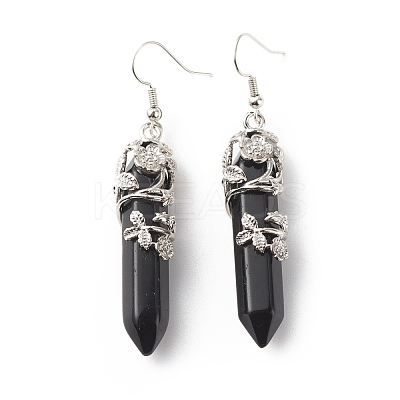 Natural Obsidian Bullet with Flower Dangle Earrings EJEW-G300-02P-06-1