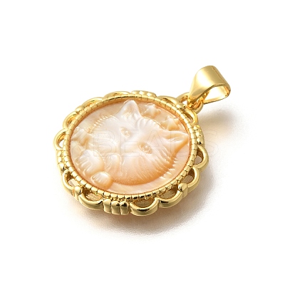 Brass Pave Natural Yellow Shell Carved Cat Pendants KK-Z091-08G-01-1