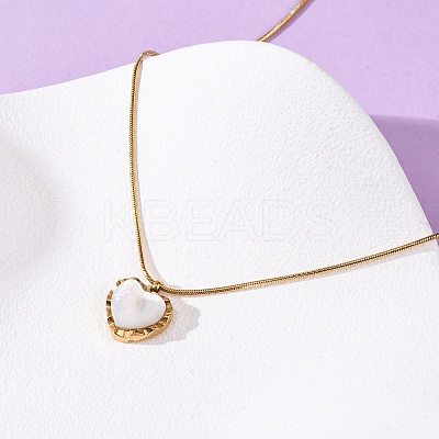 304 Stainless Steel & White Shell Heart Pendant Round Snake Chain Necklaces for Women NJEW-K255-39G-1