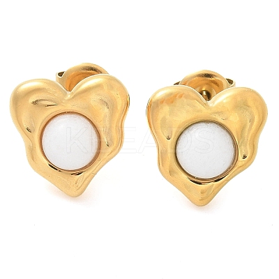 Natural White Jade & Ion Plating(IP) 304 Stainless Steel Heart Stud Earrings EJEW-A118-04G-04-1