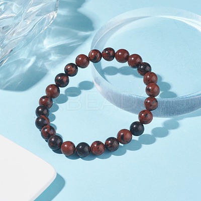 Natural Mahogany Obsidian Round Beaded Stretch Bracelet BJEW-JB07905-01-1