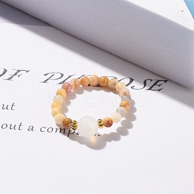 Natural Mixed Stone Round Beaded Stretch Ring with Moonstone RJEW-JR00440-1