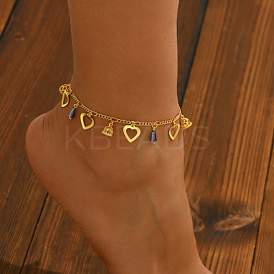 Elegant Brass Hollow Heart & Plastic Blue Faceted Cone Pendant Anklets for Women Vacation and Daily Wear DO5106-1