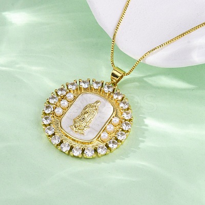 Brass Clear Cubic Zirconia Flat Round with Virgin Mary Pendant Necklaces NJEW-C071-07B-G-1