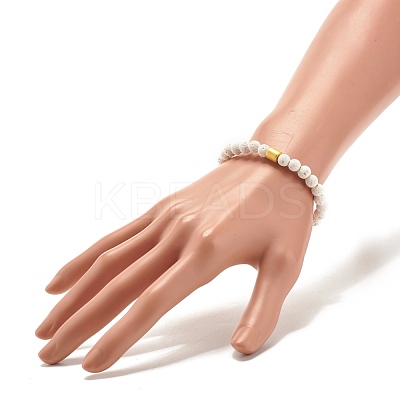 Natural Lava Rock(Dyed) Round Beaded Stretch Bracelet with Column Synthetic Hematite BJEW-JB07578-02-1