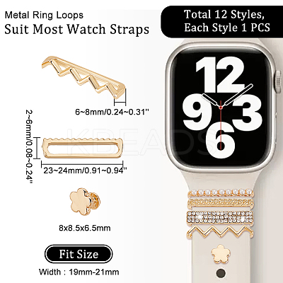 12Pcs 12 Style Flower & Wave & Rectangle Crystal Rhinestone Watch Band Charms Set with Imitation Pearl FIND-PH0007-68-1