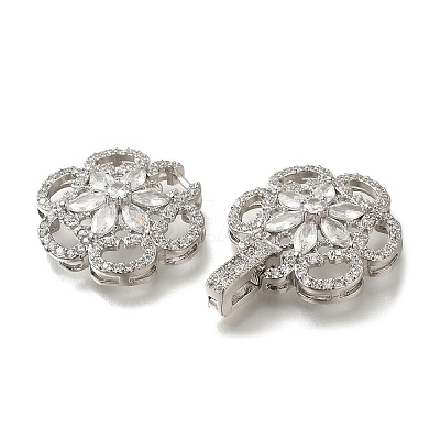 Rack Plating Flower Brass Micro Pave Clear Cubic Zirconia Fold Over Clasps KK-H512-05P-1