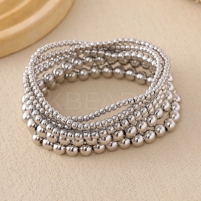 6Pcs 6 Styles Brass Round Beads Stretch Bracelets for Women BJEW-D357-04G-1