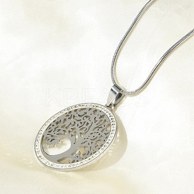 201 Stainless Steel Crystal Rhinestone Tree of Life Pendant Necklaces for Women NJEW-P327-03P-1