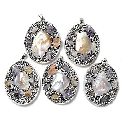 Baroque Natural Freshwater Shell Polymer Clay Rhinestone Big Pendants BSHE-P033-14A-1