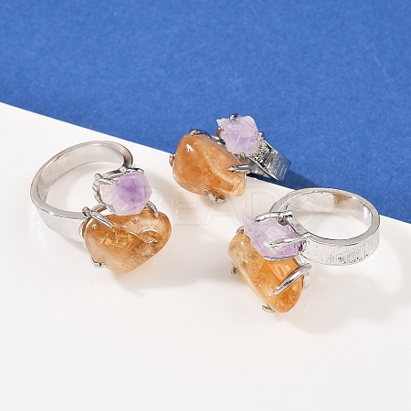 Nuggets Natural Amethyst & Yellow Quartz Open Cuff Rings RJEW-K286-12P-01-1