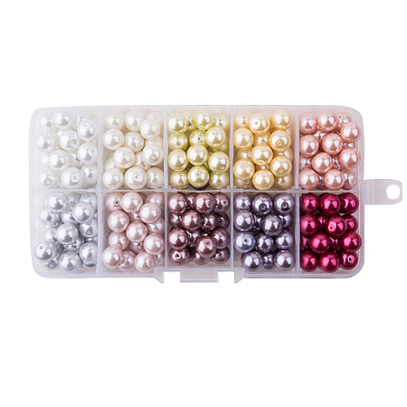 1 Box 8mm 200pcs Multicolor Glass Pearl Round Beads Tiny Satin Luster Loose Beads Assortment Mix Lot for Jewelry Making HY-PH0004-8mm-01-B-1