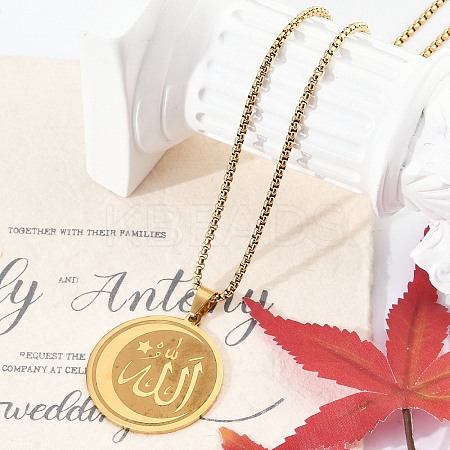 201 Stainless Steel Flat Round with Arabic Pendant Box Chain Necklaces for Women Men LS-NJEW-R013-03G-1