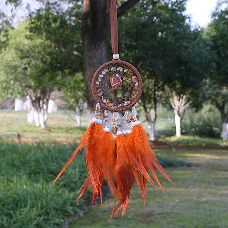 Natural Carnelian Chips Woven Net/Web with Feather Pendant Decoration WICH-PW0001-39B-1