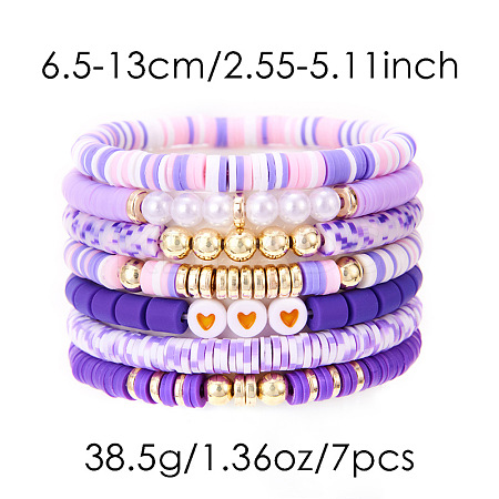 7Pcs Heart Pattern Polymer Clay & Plastic Pearl & CCB Plastic Beaded Stretch Bracelet Set for Women FS-WG634BB-01-1
