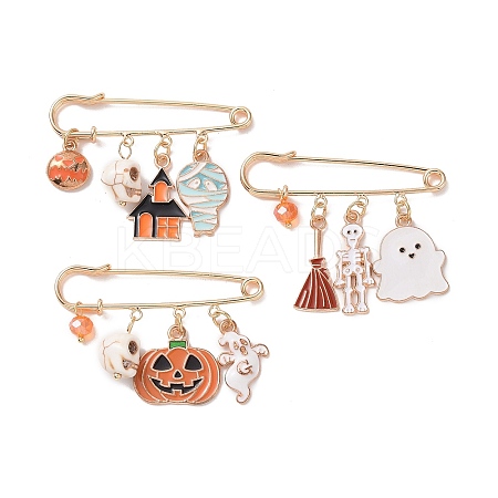 3Pcs 3 Style Halloween Skull & Ghost & Pumpkin Enamel Safety Pin Brooch JEWB-TA00012-1