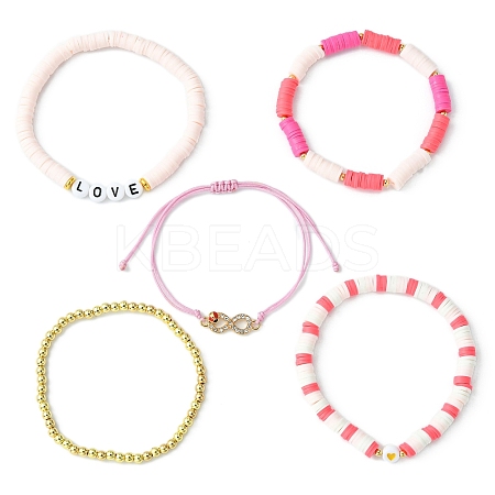 5Pcs 5 Style Polymer Clay Heishi & Word Love Beaded Stretch Bracelets Set BJEW-TA00297-1