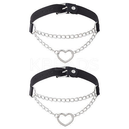 2Pcs Alloy Heart Link PU Leather Punk Choker Necklaces for Women NJEW-UN0001-70A-1