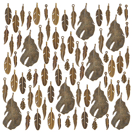 72pcs 9 styles Tibetan Style Alloy Feather Pendants FIND-PH0022-52AB-1