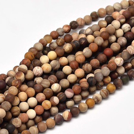 Frosted Natural Petrified Wood Round Bead Strands G-F266-07-8mm-1