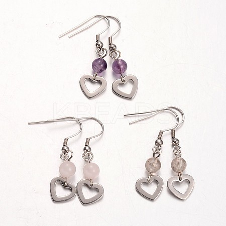 Heart Natural Gemstone Dangle Earrings EJEW-JE01884-1