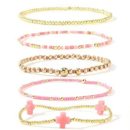 5Pcs 5 Styles Handmade Brass &Glass Beads Stretch Bracelet Set OI0028-8-1