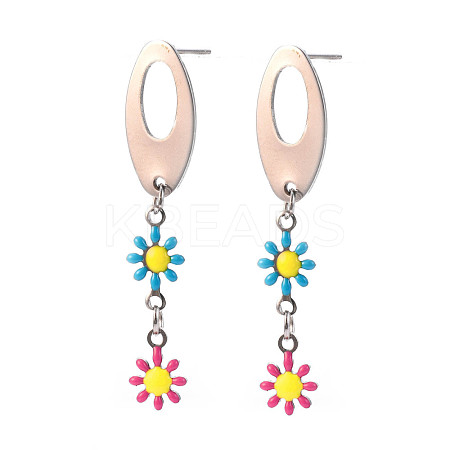 Oval with Flower Enamel Long Dangle Stud Earrings EJEW-N049-05B-1
