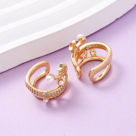 Star with Moon Brass Micro Pave Clear Cubic Zirconia Cuff Earrings EJEW-Z127-08G-1