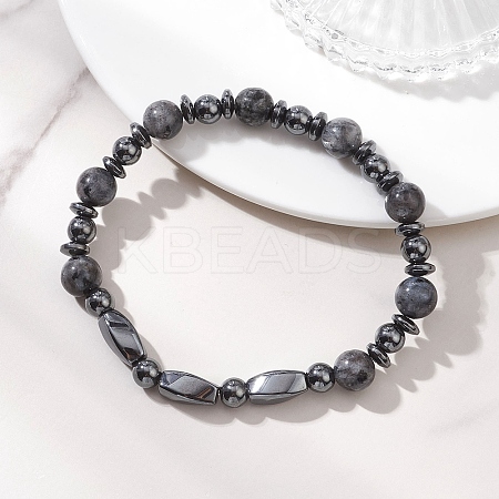 Natural Larvikite & Non-Magnetic Synthetic Hematite Beaded Stretch Bracelets for Women BJEW-JB13136-1