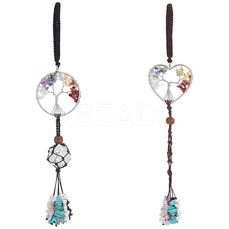 2Pcs Natural & Synthetic Gemstone Tree of Life Pendant Decorations HJEW-UN00077-1