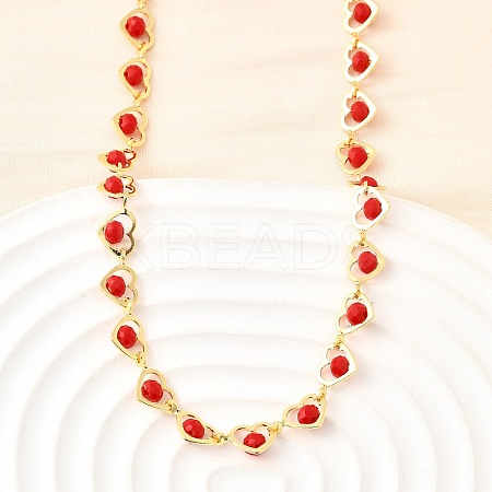 Brass & Red Faceted Glass Heart Link Chain Necklaces for Women NJEW-D314-05G-1