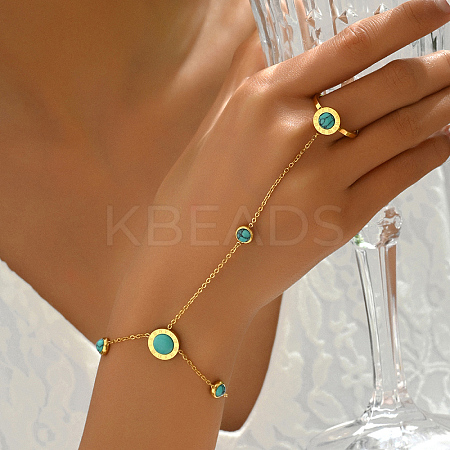 Vintage Real 18K Gold Plated Stainless Steel Synthetic Turquoise Link Ring Bracelets for Women QF4467-1