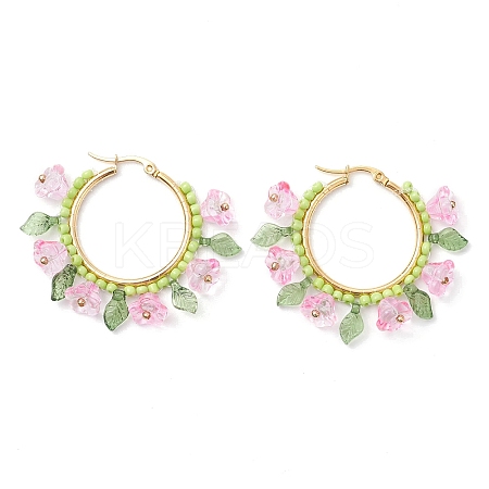 Glass Flower Hoop Earrings EJEW-TA00589-03-1