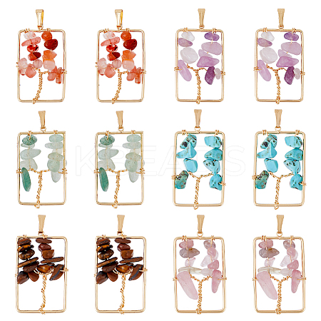 12Pcs 6 Styles Natural Mixed Gemstone Chip Copper Wire Wrapped Tree of Life Pendants PALLOY-FH00046-1