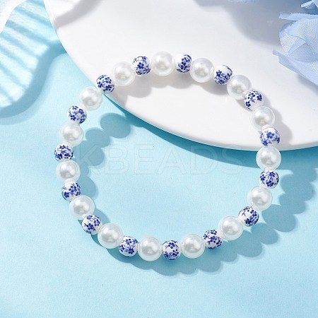 Handmade Flower Printed Porcelain Ceramic & ABS Plastic Imitation Pearl Beaded Stretch Bracelets for Women BJEW-JB12737-1