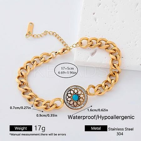 304 Stainless Steel Crystal Rhinestone Link Bracelets with Synthetic Turquoise for Women RB2528-1-1