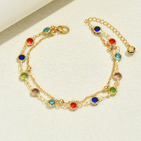 Fashionable Brass Cubic Zirconia Double Layer Women's Anklets in Real 18K Gold Plated Casual Style HU5590-1