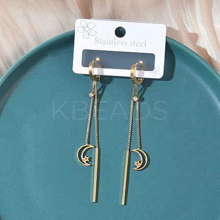 304 Stainless Steel Crystal Rhinestone Moon with Star Tassel Hoop Earrings EJEW-G453-03G-1