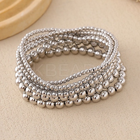 6Pcs 6 Styles Brass Round Beads Stretch Bracelets for Women BJEW-D357-04G-1