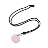 Natural Rose Quartz Flat Round with Flower of Life Pendant Necklace with Nylon Cord for Women NJEW-P274-02-06-2